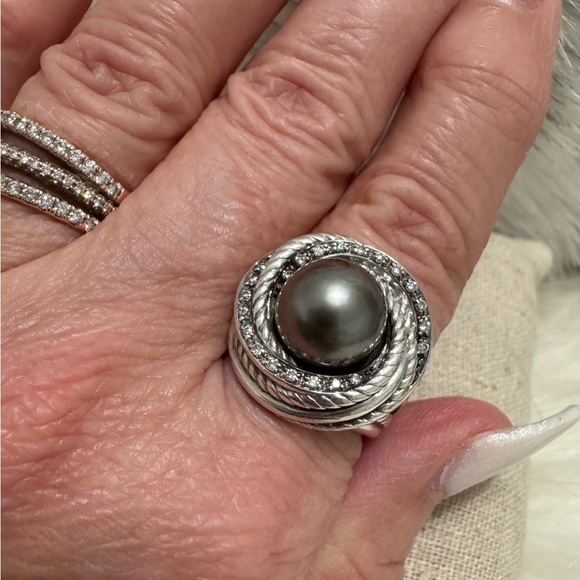 David Yurman Tahitian Pearl Diamond Crossover Ring - Picture 11 of 13